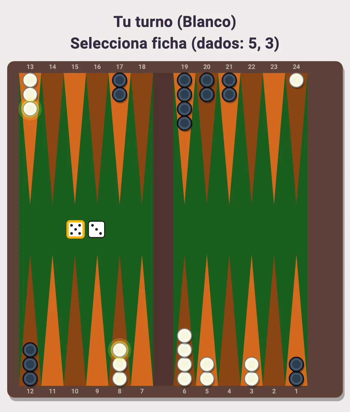 Una partida de Backgammon en Classic Play Games: mueven las blancas con un 5 y un 3, con sus fichas movibles resaltadas
