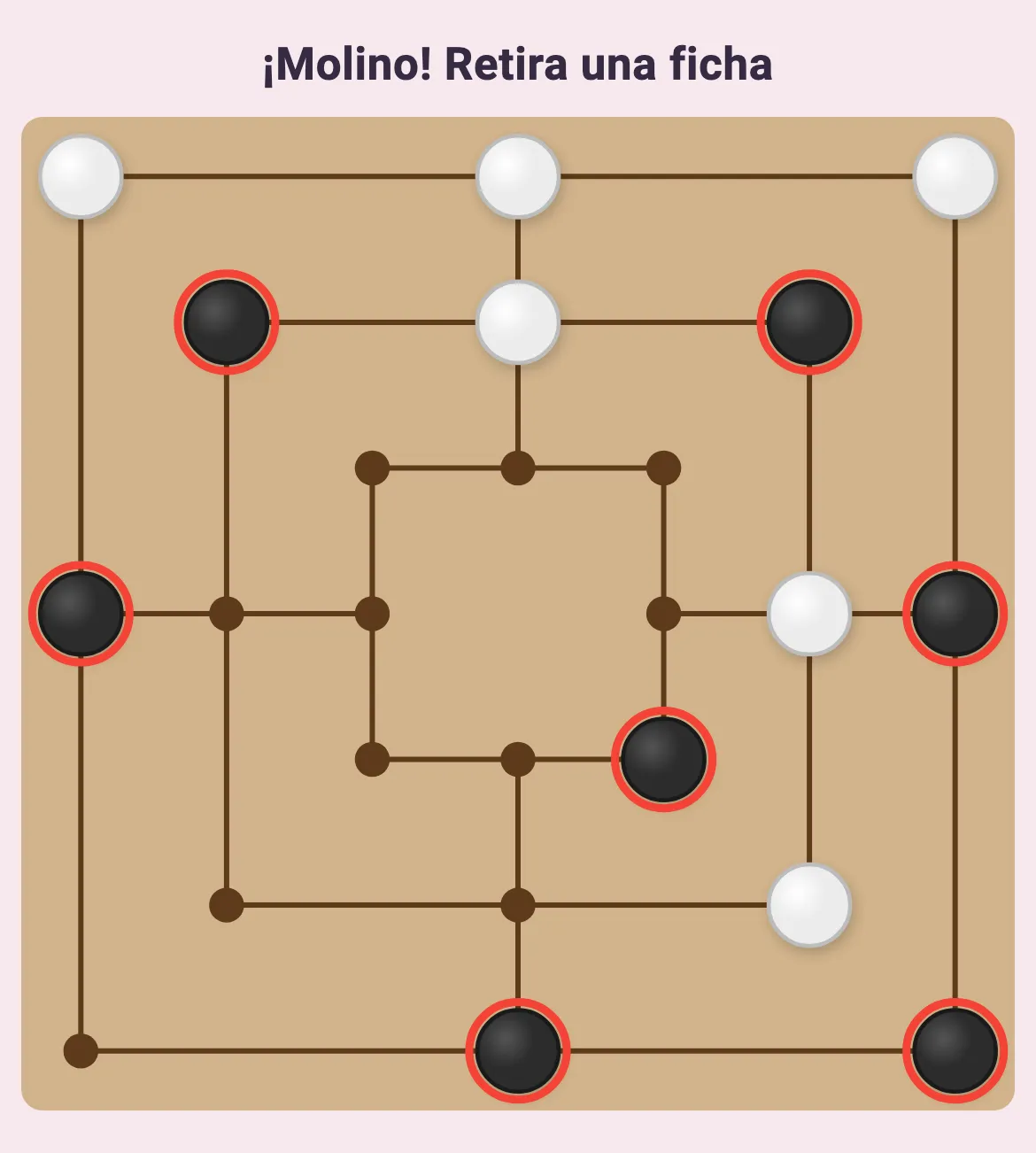 El Molino en Classic Play Games: las blancas acaban de formar un molino en la fila de arriba y pueden retirar cualquier ficha negra marcada