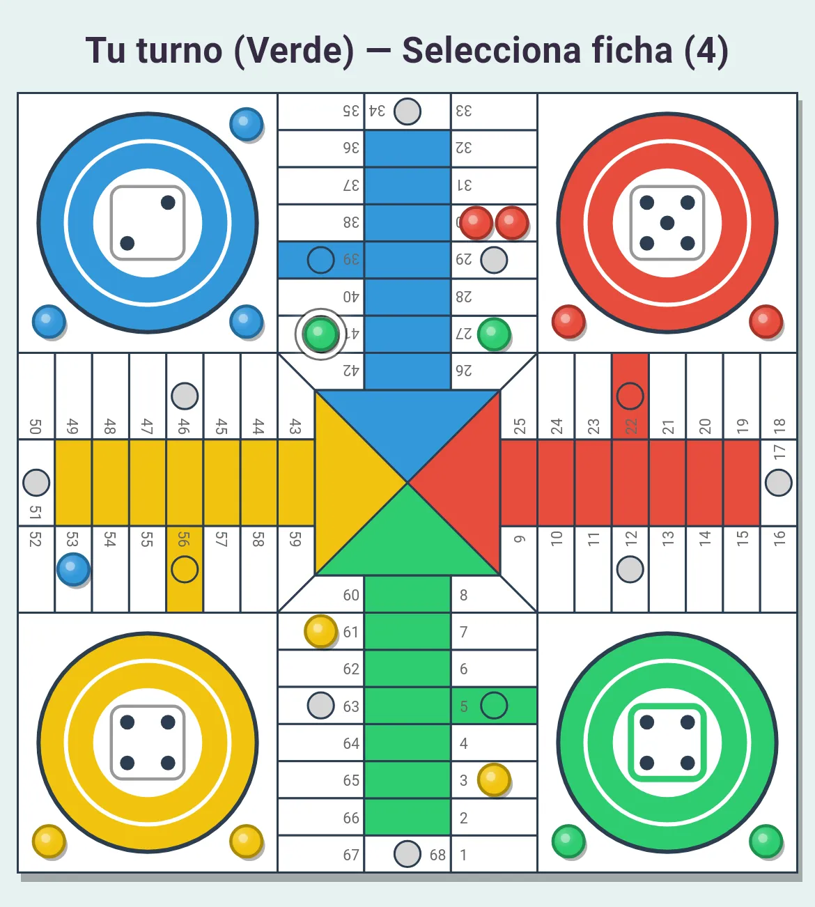 Tablero de parchís con dos fichas rojas en la casilla 30 que bloquean a la ficha verde de la 27 después de que Verde saque un 4; solo la otra ficha verde está resaltada.