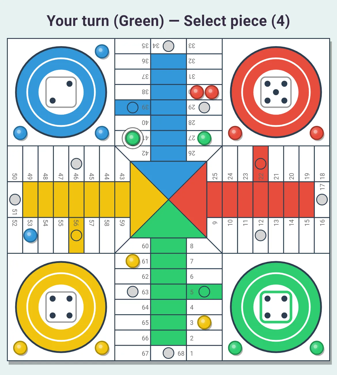 Parchís board with two red pieces on square 30 blocking the green piece on 27 after Green rolls a 4; only the other green piece is highlighted.